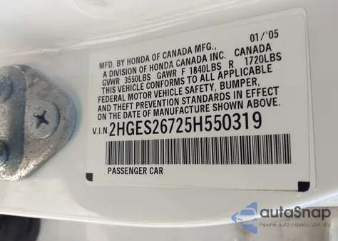 2005 Honda Civic Ex from USA, damaged, VIN 2HGES26725H550319